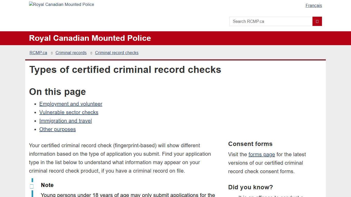 Types of certified criminal record checks Royal Canadian Mounted Police